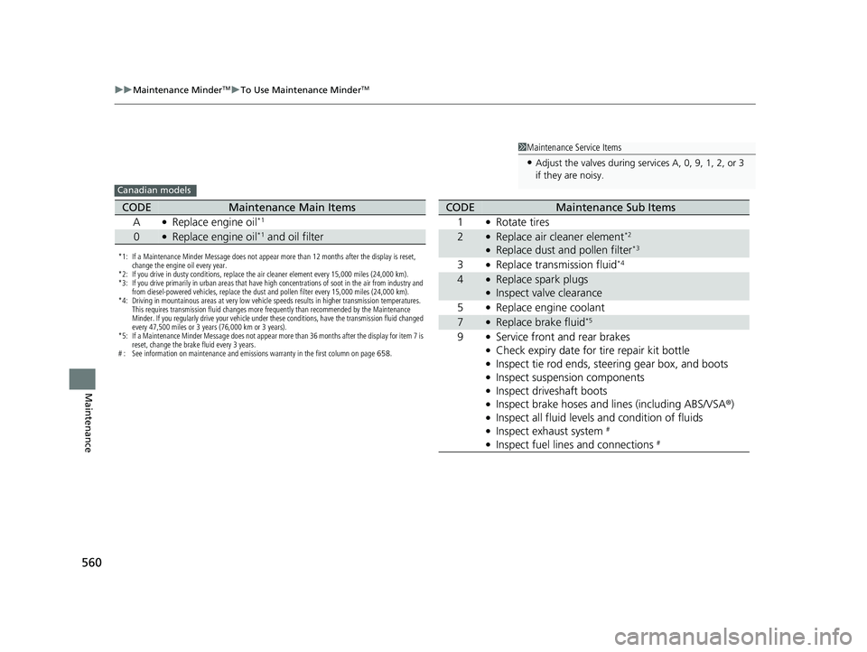 HONDA INSIGHT 2020 Owners Manual (in English) 560
uuMaintenance MinderTMuTo Use Maintenance MinderTM
Maintenance
1Maintenance Service Items
•Adjust the valves during services A, 0, 9, 1, 2, or 3
if they are noisy.
Canadian models
*1: If a Main HONDA INSIGHT 2020 Owners Manual (in English) 560
uuMaintenance MinderTMuTo Use Maintenance MinderTM
Maintenance
1Maintenance Service Items
•Adjust the valves during services A, 0, 9, 1, 2, or 3
if they are noisy.
Canadian models
*1: If a Main