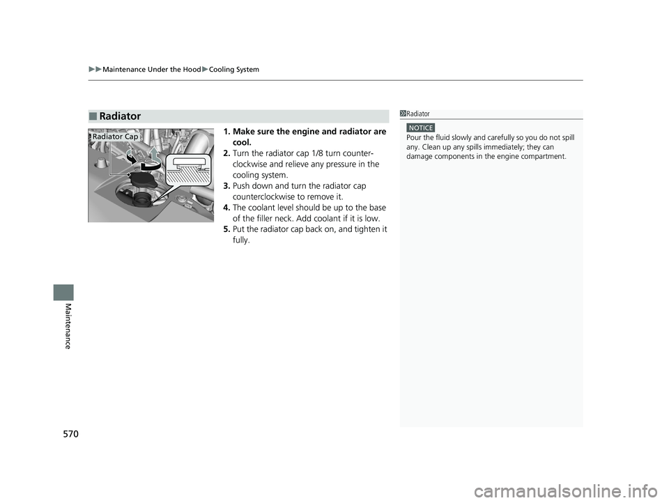 HONDA INSIGHT 2020  Owners Manual (in English) uuMaintenance Under the Hood uCooling System
570
Maintenance
1. Make sure the engine and radiator are 
cool.
2. Turn the radiator cap 1/8 turn counter-
clockwise and relieve  any pressure in the 
cool