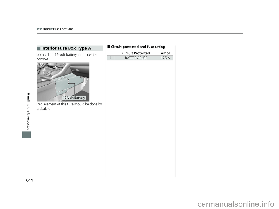 HONDA INSIGHT 2020  Owners Manual (in English) 644
uuFuses uFuse Locations
Handling the Unexpected
Located on 12-volt battery in the center 
console.
Replacement of this fuse should be done by 
a dealer.
■Interior Fuse Box Type A
12-Volt Battery