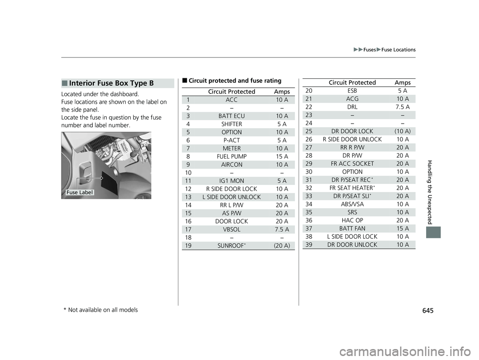 HONDA INSIGHT 2020 Owners Manual (in English) 645
uuFuses uFuse Locations
Handling the Unexpected
Located under the dashboard.
Fuse locations are shown on the label on
the side panel.
Locate the fuse in question by the fuse
number and label num HONDA INSIGHT 2020 Owners Manual (in English) 645
uuFuses uFuse Locations
Handling the Unexpected
Located under the dashboard.
Fuse locations are shown on the label on
the side panel.
Locate the fuse in question by the fuse
number and label num