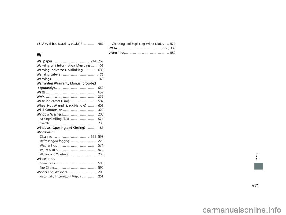 HONDA INSIGHT 2020  Owners Manual (in English) 671
Index
VSA® (Vehicle Stability Assist) ®..............  469
W
Wallpaper .........................................  244, 269
Warning and Info rmation Messages ......  102
Warning Indicator On/Blin