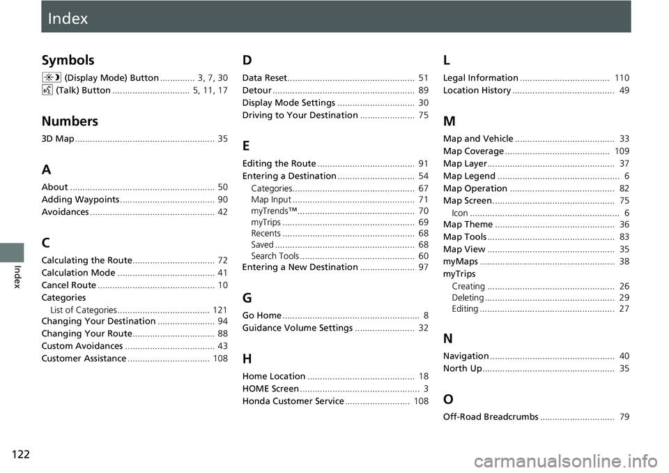 HONDA INSIGHT 2020  Navigation Manual (in English) Index
122
Index
Index
Symbols
a (Display Mode) Button ..............  3, 7, 30
d  (Talk) Button ...............................  5, 11, 17
Numbers
3D Map...............................................