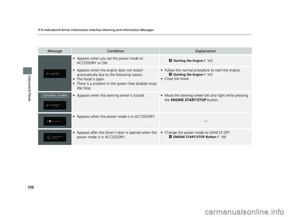 HONDA ODYSSEY 2020  Owners Manual (in English) 106
uuIndicators uDriver Information Interface Wa rning and Information Messages
Instrument Panel
MessageConditionExplanation
•Appears when you set the power mode to 
ACCESSORY or ON.2 Starting the 