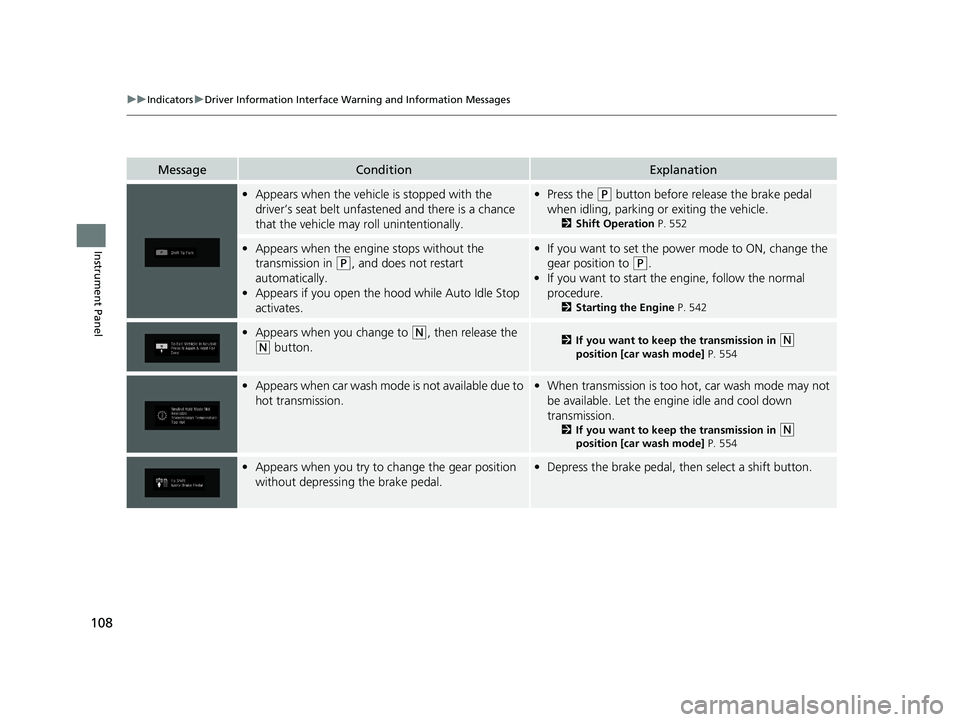 HONDA ODYSSEY 2020  Owners Manual (in English) 108
uuIndicators uDriver Information Interface Wa rning and Information Messages
Instrument Panel
MessageConditionExplanation
•Appears when the vehicle is stopped with the 
driver’s seat belt unfa
