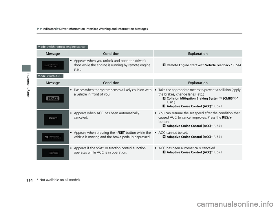 HONDA ODYSSEY 2020  Owners Manual (in English) 114
uuIndicators uDriver Information Interface Wa rning and Information Messages
Instrument Panel
MessageConditionExplanation
•Appears when you unlock and open the driver’s 
door while the engine 