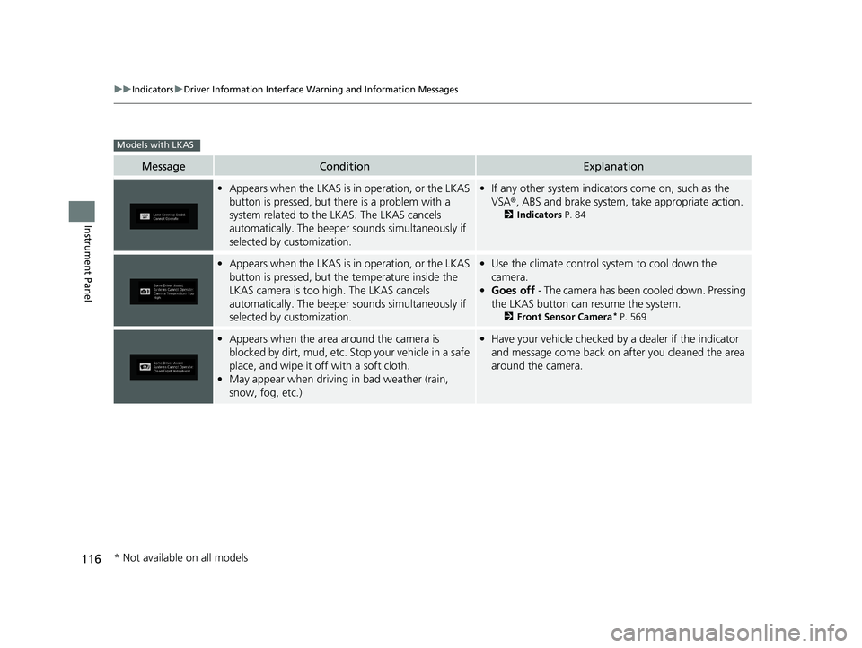 HONDA ODYSSEY 2020  Owners Manual (in English) 116
uuIndicators uDriver Information Interface Wa rning and Information Messages
Instrument Panel
MessageConditionExplanation
•Appears when the LKAS is in  operation, or the LKAS 
button is pressed,