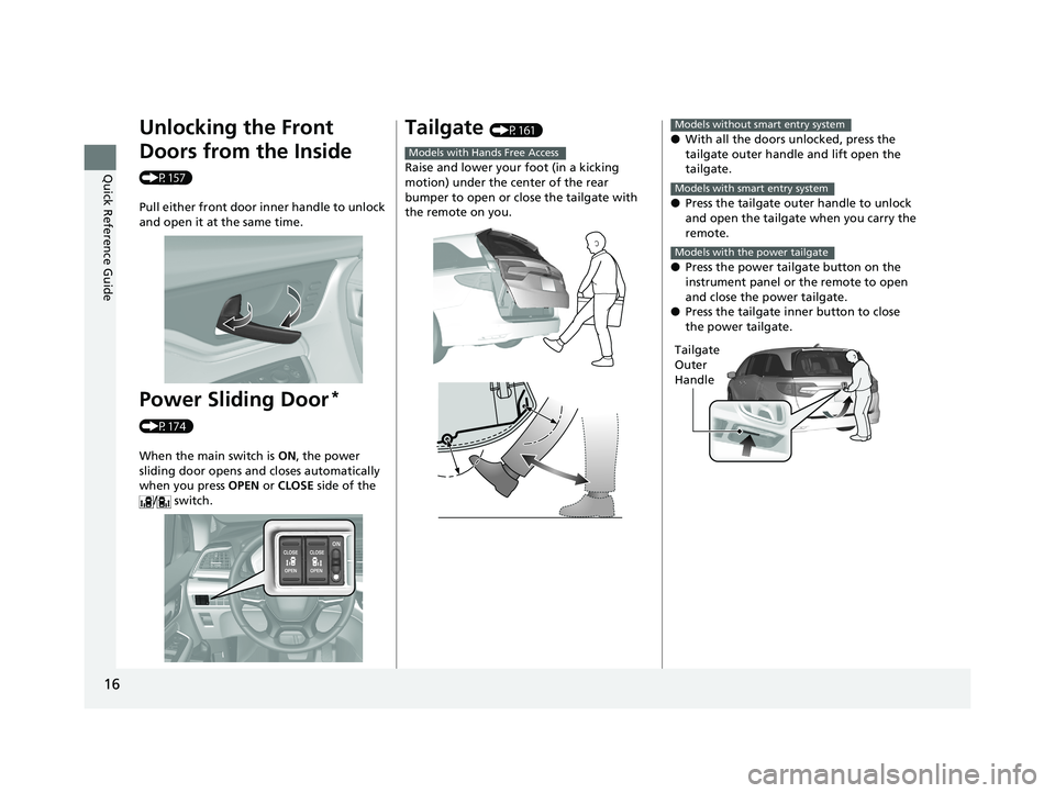 HONDA ODYSSEY 2020 (in English) User Guide 16
Quick Reference Guide
Unlocking the Front
Doors from the Inside
(P157)
Pull either front door inner handle to unlock
and open it at the same time.
Power Sliding Door*
(P174)
When the main switc HONDA ODYSSEY 2020 (in English) User Guide 16
Quick Reference Guide
Unlocking the Front
Doors from the Inside
(P157)
Pull either front door inner handle to unlock
and open it at the same time.
Power Sliding Door*
(P174)
When the main switc