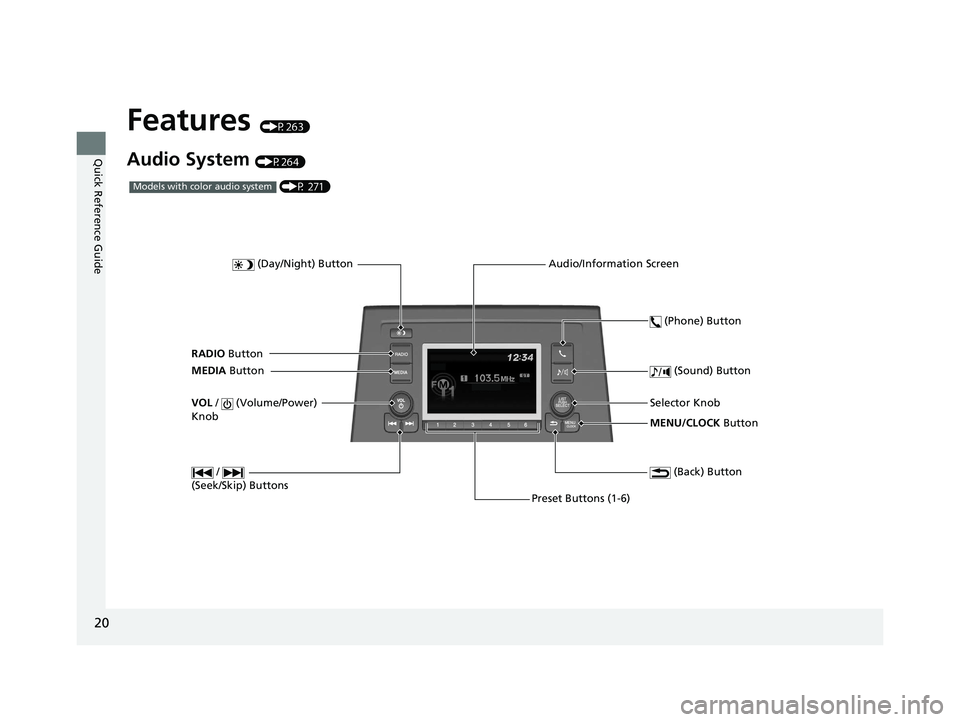 HONDA ODYSSEY 2020   (in English) Owners Guide 20
Quick Reference Guide
Features (P263)
Audio System (P264)
MENU/CLOCK Button
Selector Knob
 (Day/Night) Button
 (Back) Button
 (Sound) Button
VOL
 /   (Volume/Power) 
Knob
Preset Buttons (1-6)  (Pho