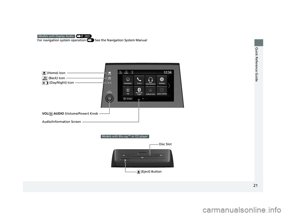 HONDA ODYSSEY 2020   (in English) Owners Guide 21
Quick Reference Guide
VOL/ AUDIO  (Volume/Power) Knob
 (Home) Icon
 (Back) Icon
 (Day/Night) Icon
Audio/Information Screen
 (P 289)
For navigation system operation  () See the Navigation System Man