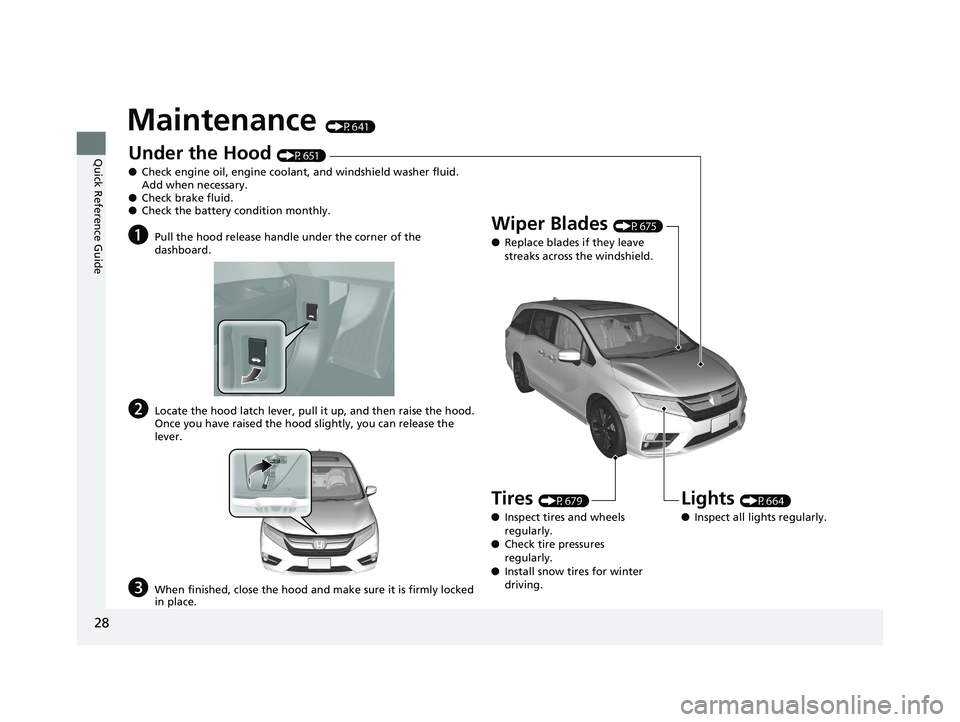 HONDA ODYSSEY 2020  Owners Manual (in English) 28
Quick Reference Guide
Maintenance (P641)
Under the Hood (P651)
● Check engine oil, engine coolant, and windshield washer fluid. 
Add when necessary.
● Check brake fluid.
● Check the battery c