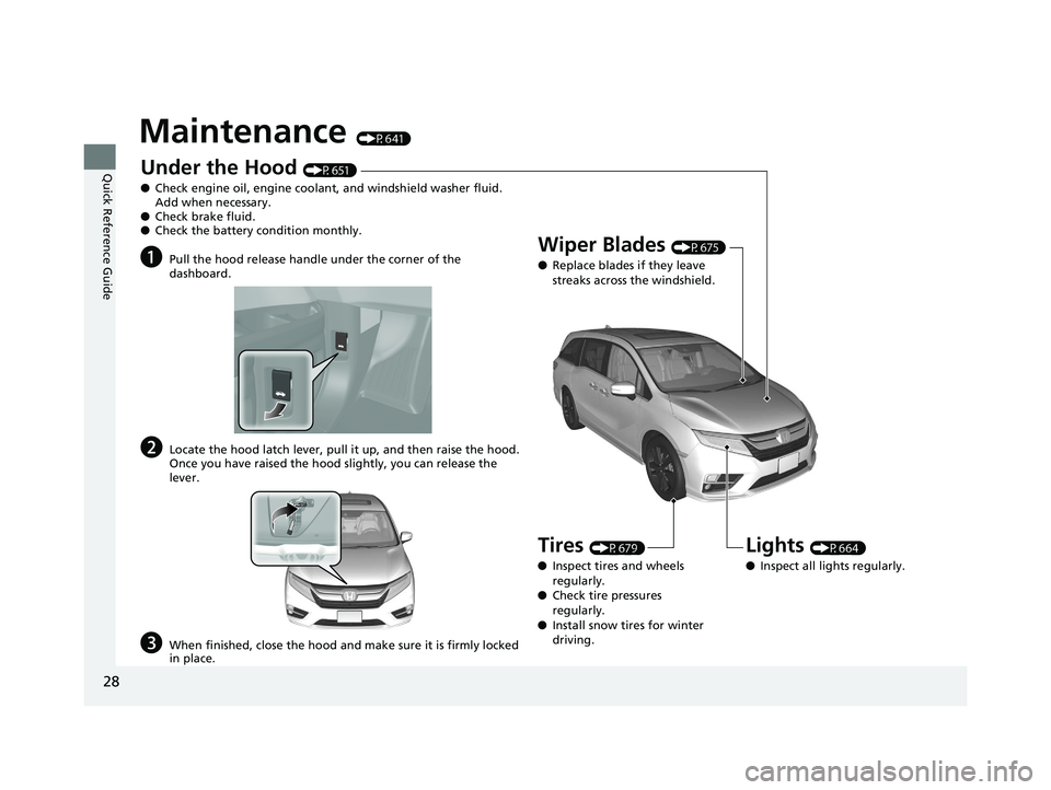 HONDA ODYSSEY 2020 Owners Manual (in English) 28
Quick Reference Guide
Maintenance (P641)
Under the Hood (P651)
● Check engine oil, engine coolant, and windshield washer fluid.
Add when necessary.
● Check brake fluid.
● Check the battery c HONDA ODYSSEY 2020 Owners Manual (in English) 28
Quick Reference Guide
Maintenance (P641)
Under the Hood (P651)
● Check engine oil, engine coolant, and windshield washer fluid.
Add when necessary.
● Check brake fluid.
● Check the battery c