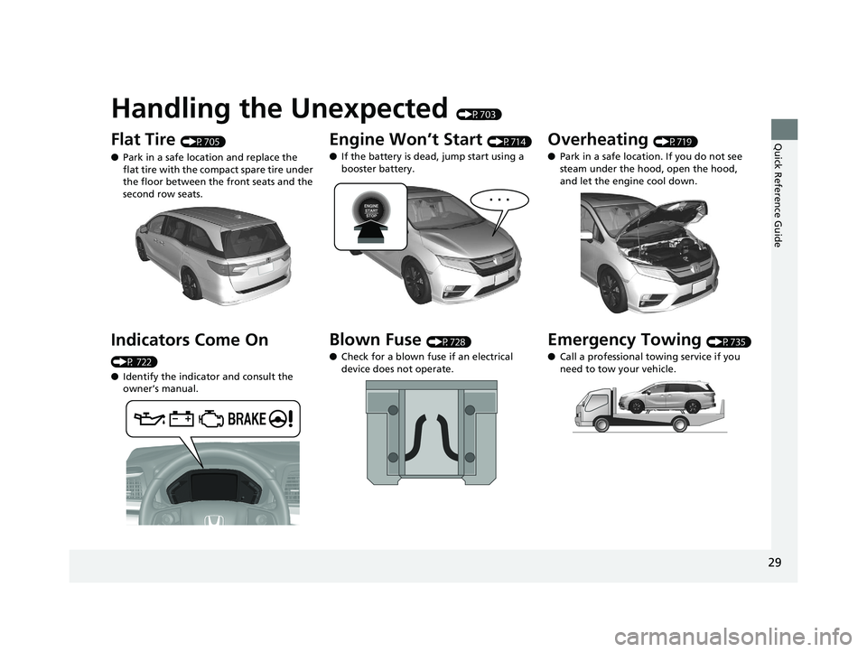 HONDA ODYSSEY 2020 Owners Manual (in English) Quick Reference Guide
29
Handling the Unexpected (P703)
Flat Tire (P705)
● Park in a safe location and replace the
flat tire with the compact spare tire under
the floor between the front seats and HONDA ODYSSEY 2020 Owners Manual (in English) Quick Reference Guide
29
Handling the Unexpected (P703)
Flat Tire (P705)
● Park in a safe location and replace the
flat tire with the compact spare tire under
the floor between the front seats and