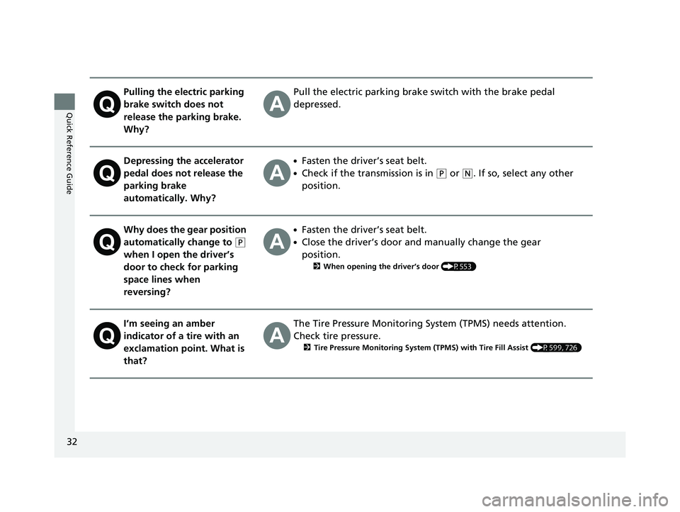 HONDA ODYSSEY 2020  Owners Manual (in English) 32
Quick Reference Guide
Pulling the electric parking 
brake switch does not 
release the parking brake. 
Why?Pull the electric parking brake switch with the brake pedal 
depressed.
Depressing the acc