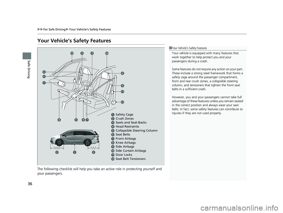 HONDA ODYSSEY 2020   (in English) Owners Guide 36
uuFor Safe Driving uYour Vehicle’s Safety Features
Safe Driving
Your Vehicle’s Safety Features
The following checklist will help you take an active role  in protecting yourself and 
your passen
