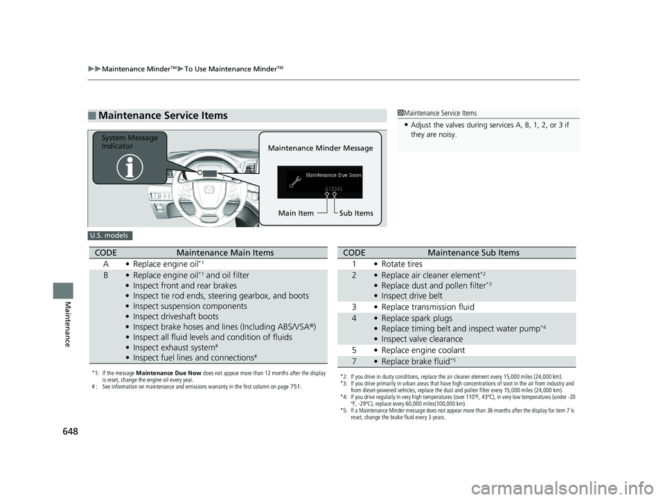 HONDA ODYSSEY 2020  Owners Manual (in English) 648
uuMaintenance MinderTMuTo Use Maintenance MinderTM
Maintenance
■Maintenance Service Items1Maintenance Service Items
•Adjust the valves during services A, B, 1, 2, or 3 if 
they are noisy.
Main