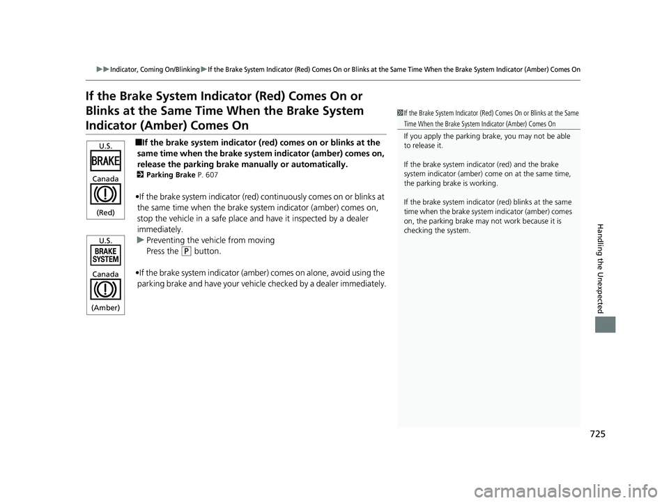 HONDA ODYSSEY 2020  Owners Manual (in English) 725
uuIndicator, Coming On/BlinkinguIf the Brake System Indicator (Red) Comes On or Blinks at the Same Time When the Brake System Indicator (Amber) Comes On
Handling the Unexpected
If the Brake System