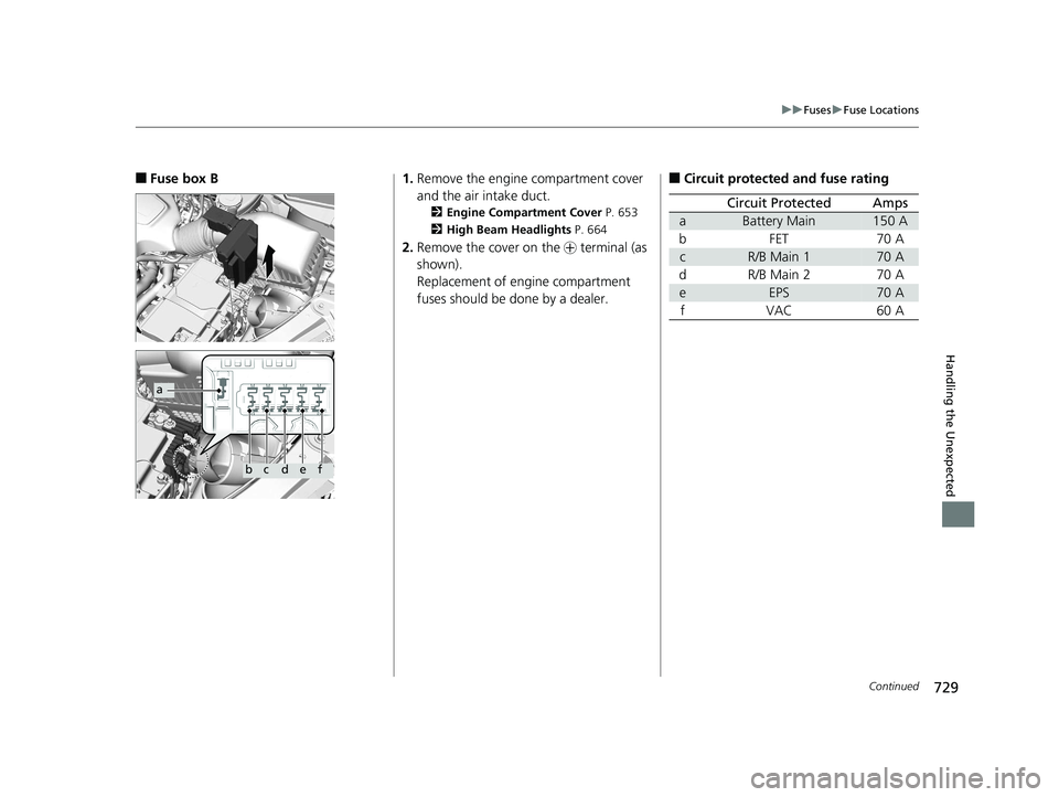 HONDA ODYSSEY 2020  Owners Manual (in English) 729
uuFuses uFuse Locations
Continued
Handling the Unexpected
■Fuse box B
a
bcdef
1. Remove the engine compartment cover 
and the air intake duct.
2 Engine Compartment Cover  P. 653
2 High Beam Head