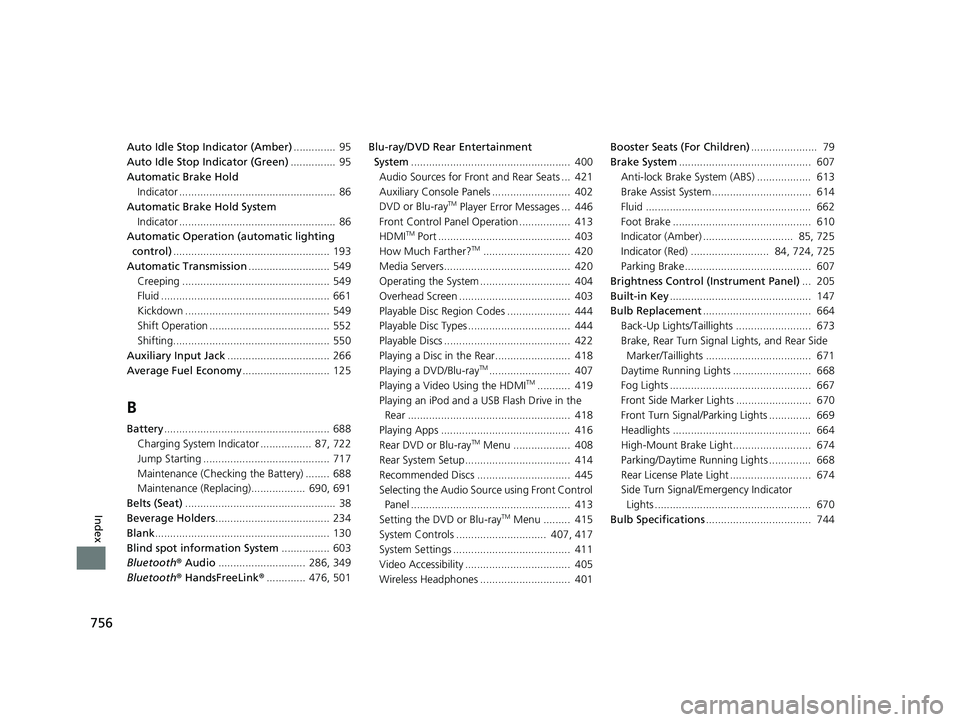 HONDA ODYSSEY 2020  Owners Manual (in English) 756
Index
Auto Idle Stop Indicator (Amber)..............  95
Auto Idle Stop Indicator (Green) ...............  95
Automatic Brake Hold Indicator ....................................................  8