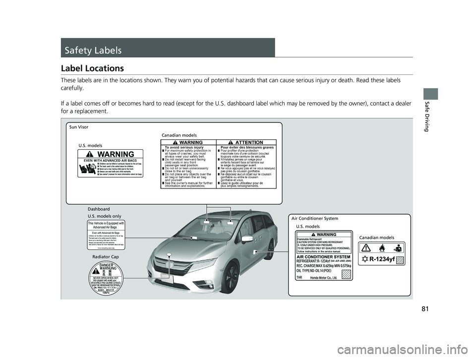 HONDA ODYSSEY 2020  Owners Manual (in English) 81
Safe Driving
Safety Labels
Label Locations
These labels are in the locations shown. They warn you of potential hazards that  can cause serious injury or death. Read these labels 
carefully.
If a la