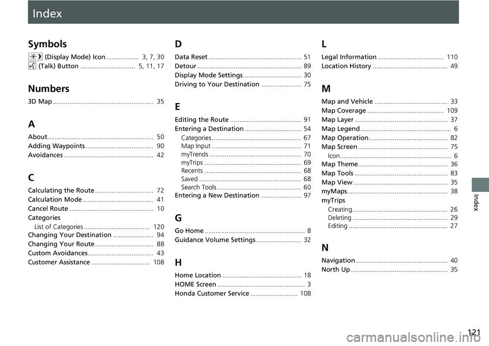 HONDA ODYSSEY 2020  Navigation Manual (in English) Index
121
Index
Index
Symbols
a (Display Mode) Icon..................  3, 7, 30
d (Talk) Button..............................  5, 11, 17
Numbers
3D Map.................................................