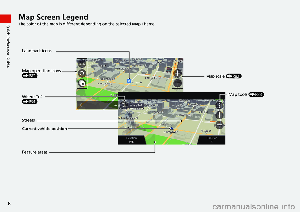 HONDA ODYSSEY 2020  Navigation Manual (in English) 6
Quick Reference GuideMap Screen Legend
The color of the map is different depending on the selected Map Theme.
Map operation icons 
(P82)
Current vehicle position  Streets Landmark icons
Map scale (P
