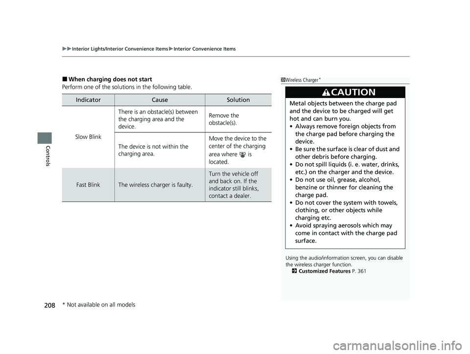 HONDA PASSPORT 2020 Owners Manual (in English) uuInterior Lights/Interior Convenience Items uInterior Convenience Items
208
Controls
■When charging does not start
Perform one of the solution s in the following table.
IndicatorCauseSolution
Slow HONDA PASSPORT 2020 Owners Manual (in English) uuInterior Lights/Interior Convenience Items uInterior Convenience Items
208
Controls
■When charging does not start
Perform one of the solution s in the following table.
IndicatorCauseSolution
Slow