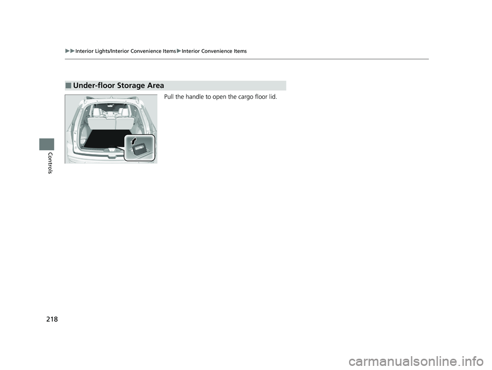 HONDA PASSPORT 2020 Owners Manual (in English) 218
uuInterior Lights/Interior Convenience Items uInterior Convenience Items
Controls
Pull the handle to open the cargo floor lid.
■Under-floor Storage Area
20 PASSPORT-31TGS6100.book 218 ページ HONDA PASSPORT 2020 Owners Manual (in English) 218
uuInterior Lights/Interior Convenience Items uInterior Convenience Items
Controls
Pull the handle to open the cargo floor lid.
■Under-floor Storage Area
20 PASSPORT-31TGS6100.book 218 ページ