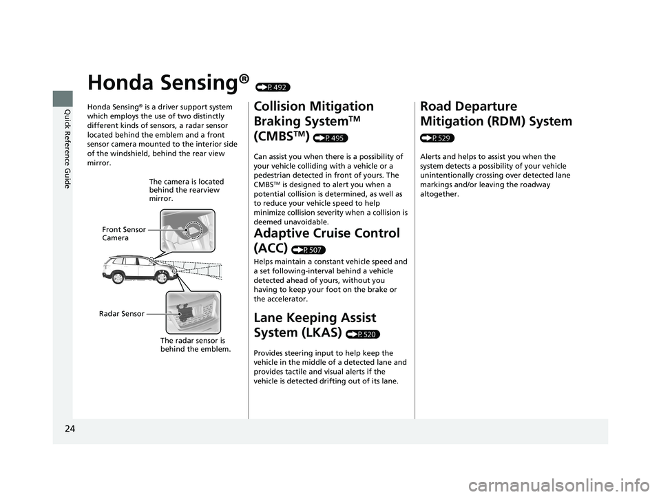 HONDA PASSPORT 2020 Owners Manual (in English) 24
Quick Reference Guide
Honda Sensing® (P492)
Honda Sensing ® is a driver support system
which employs the use of two distinctly
different kinds of sensors, a radar sensor
located behind the emb HONDA PASSPORT 2020 Owners Manual (in English) 24
Quick Reference Guide
Honda Sensing® (P492)
Honda Sensing ® is a driver support system
which employs the use of two distinctly
different kinds of sensors, a radar sensor
located behind the emb