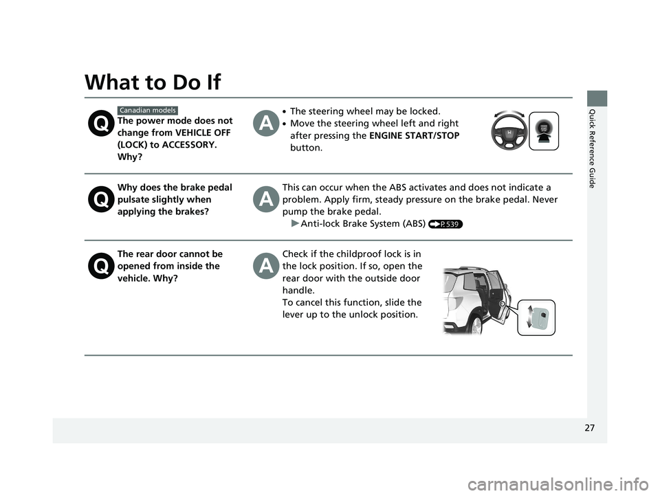 HONDA PASSPORT 2020 Owners Manual (in English) 27
Quick Reference Guide
What to Do If
The power mode does not
change from VEHICLE OFF
(LOCK) to ACCESSORY.
Why?
●The steering wheel may be locked.
●Move the steering wheel left and right
afte HONDA PASSPORT 2020 Owners Manual (in English) 27
Quick Reference Guide
What to Do If
The power mode does not
change from VEHICLE OFF
(LOCK) to ACCESSORY.
Why?
●The steering wheel may be locked.
●Move the steering wheel left and right
afte