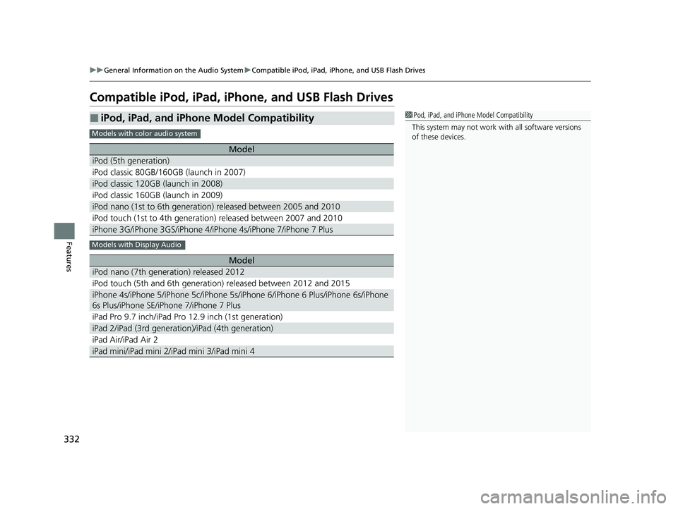 HONDA PASSPORT 2020 Owners Manual (in English) 332
uuGeneral Information on the Audio System uCompatible iPod, iPad, iPhone, and USB Flash Drives
Features
Compatible iPod, iPad, iPhone, and USB Flash Drives
■iPod, iPad, and iPhone Model Compatib HONDA PASSPORT 2020 Owners Manual (in English) 332
uuGeneral Information on the Audio System uCompatible iPod, iPad, iPhone, and USB Flash Drives
Features
Compatible iPod, iPad, iPhone, and USB Flash Drives
■iPod, iPad, and iPhone Model Compatib