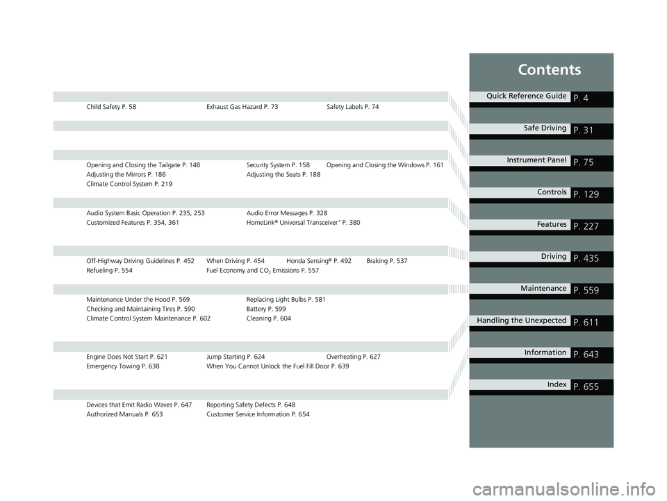 HONDA PASSPORT 2020 Owners Manual (in English) Contents
Child Safety P. 58Exhaust Gas Hazard P. 73Safety Labels P. 74
Opening and Closing the Tailgate P. 148 Security System P. 158 Opening and Closing the Windows P. 161
Adjusting the Mirrors P. 18 HONDA PASSPORT 2020 Owners Manual (in English) Contents
Child Safety P. 58Exhaust Gas Hazard P. 73Safety Labels P. 74
Opening and Closing the Tailgate P. 148 Security System P. 158 Opening and Closing the Windows P. 161
Adjusting the Mirrors P. 18