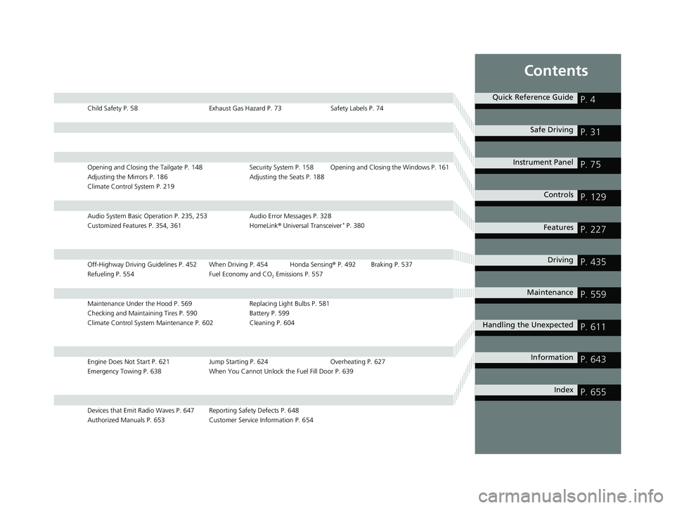 HONDA PASSPORT 2020  Owners Manual (in English) Contents
Child Safety P. 58Exhaust Gas Hazard P. 73Safety Labels P. 74
Opening and Closing the Tailgate P. 148 Security System P. 158 Opening and Closing the Windows P. 161
Adjusting the Mirrors P. 18