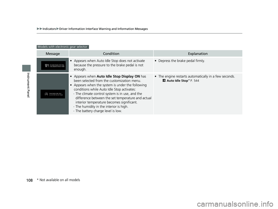 HONDA PILOT 2020 Owners Manual (in English) 108
uuIndicators uDriver Information Interface Wa rning and Information Messages
Instrument Panel
MessageConditionExplanation
•Appears when Auto Idle Stop does not activate
because the pressure to HONDA PILOT 2020 Owners Manual (in English) 108
uuIndicators uDriver Information Interface Wa rning and Information Messages
Instrument Panel
MessageConditionExplanation
•Appears when Auto Idle Stop does not activate
because the pressure to