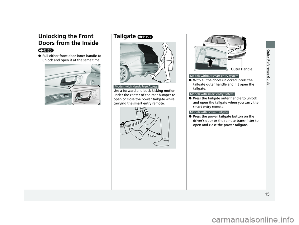 HONDA PILOT 2020  Owners Manual (in English) 15
Quick Reference Guide
Unlocking the Front 
Doors from the Inside 
(P150)
●Pull either front door inner handle to 
unlock and open it at the same time.
Tailgate (P153)
Use a forward and back kicki