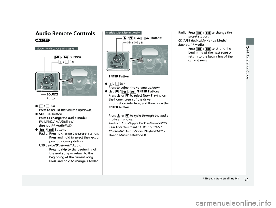 HONDA PILOT 2020  Owners Manual (in English) 21
Quick Reference Guide
Audio Remote Controls 
(P248)
●
(+ / (- Bar
Press to adjust the volume up/down.
● SOURCE Button
Press to change the audio mode: 
FM1/FM2/AM/USB/iPod/
Bluetooth ® Audio/AU