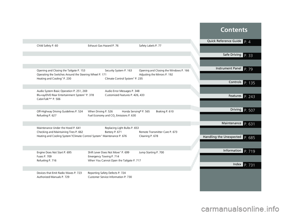 HONDA PILOT 2020 Owners Manual (in English) Contents
Child Safety P. 60Exhaust Gas Hazard P. 76Safety Labels P. 77
Opening and Closing the Tailgate P. 153 Security System P. 163 Opening and Closing the Windows P. 166
Operating the Switches Arou HONDA PILOT 2020 Owners Manual (in English) Contents
Child Safety P. 60Exhaust Gas Hazard P. 76Safety Labels P. 77
Opening and Closing the Tailgate P. 153 Security System P. 163 Opening and Closing the Windows P. 166
Operating the Switches Arou