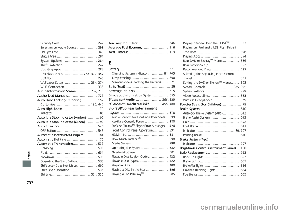 HONDA PILOT 2020 Owners Manual (in English) 732
Index
Security Code .......................................... 247
Selecting an Audio Source ....................... 298
Siri Eyes Free ............................................ 340
Status Area HONDA PILOT 2020 Owners Manual (in English) 732
Index
Security Code .......................................... 247
Selecting an Audio Source ....................... 298
Siri Eyes Free ............................................ 340
Status Area