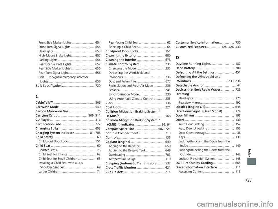 HONDA PILOT 2020  Owners Manual (in English) 733
Index
Front Side Marker Lights .........................  654
Front Turn Signal Lights ..........................  655
Headlights ..............................................  653
High-Mount Bra