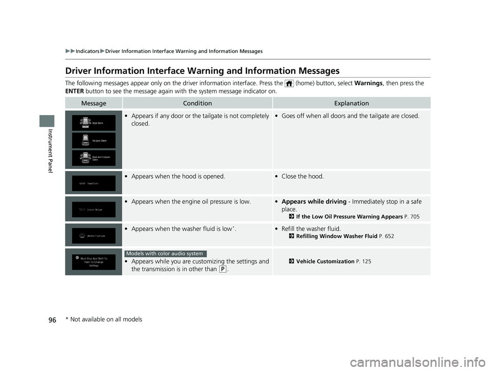 HONDA PILOT 2020  Owners Manual (in English) 96
uuIndicators uDriver Information Interface Wa rning and Information Messages
Instrument Panel
Driver Information Interface Warning and Information Messages
The following messages appear only on the