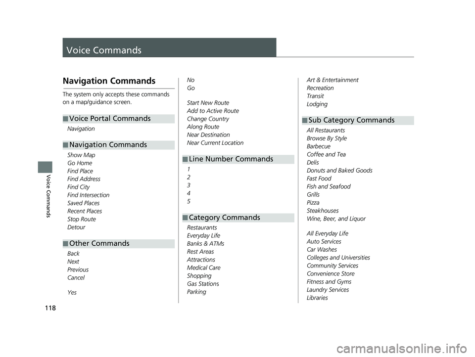 HONDA PILOT 2020  Navigation Manual (in English) 118
Voice Commands
Voice Commands
Navigation Commands
The system only accepts these commands 
on a map/guidance screen.Navigation
Show Map
Go Home
Find Place
Find Address
Find City
Find Intersection
S