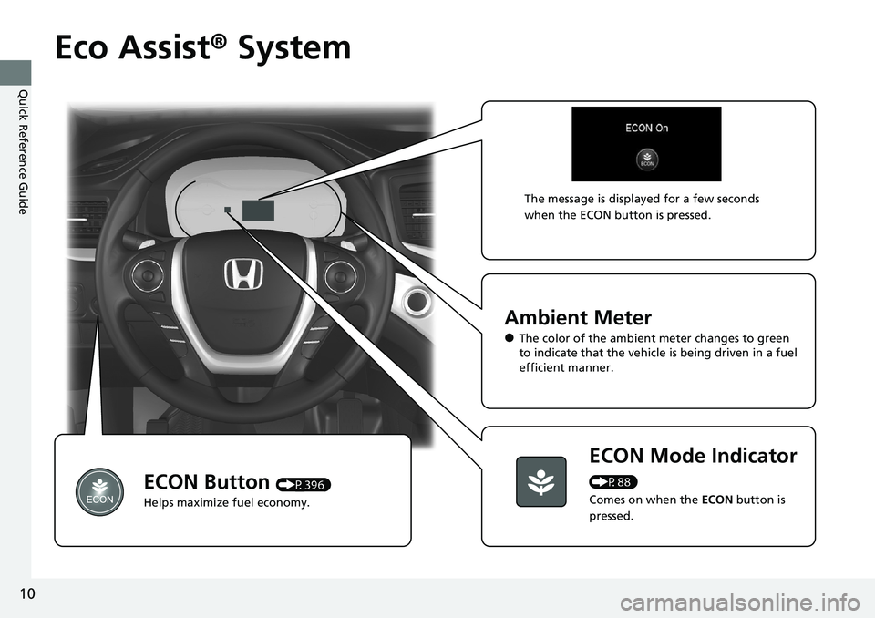 HONDA RIDGELINE 2020   (in English) User Guide 10
Quick Reference Guide
Eco Assist® System
Ambient Meter
●The color of the ambient  meter changes to green 
to indicate that the vehicle is being driven in a fuel 
efficient manner.
ECON Mode Indi
