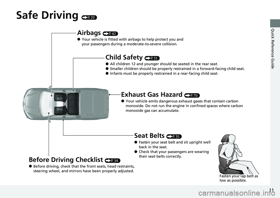 HONDA RIDGELINE 2020  Owners Manual (in English) 11
Quick Reference Guide
Safe Driving (P29)
Airbags (P42)
●Your vehicle is fitted with airbags to help protect you and 
your passengers during a moderate-to-severe collision.
Child Safety (P55)
●A