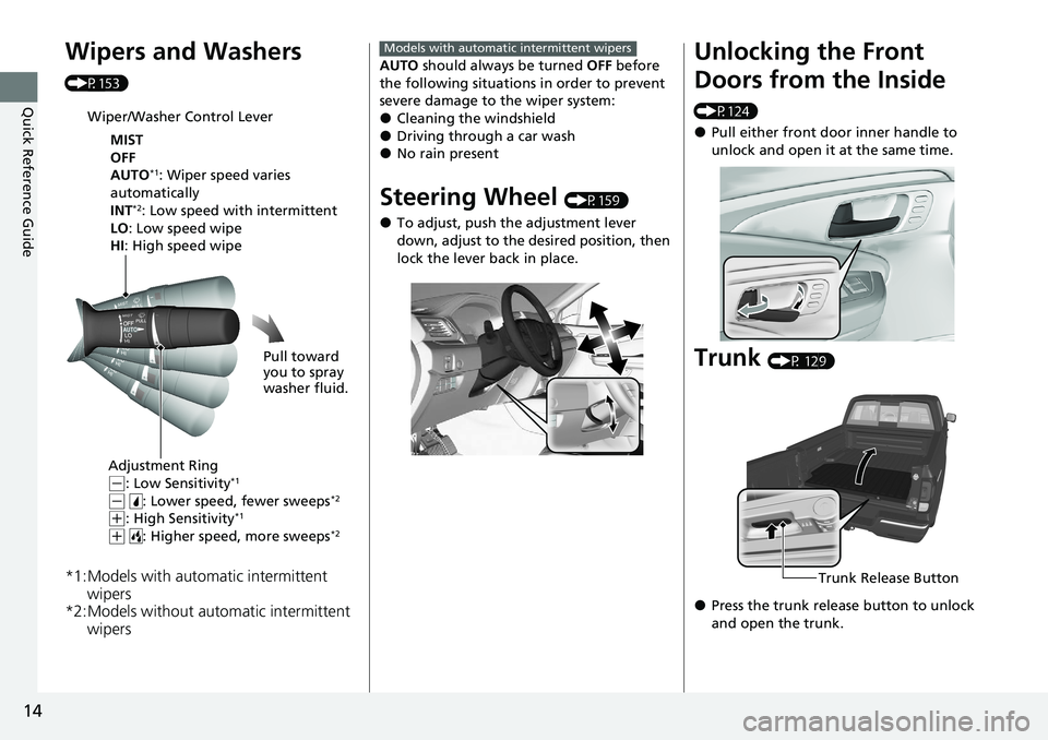 HONDA RIDGELINE 2020   (in English) User Guide 14
Quick Reference Guide
Wipers and Washers 
(P153)
*1:Models with automatic intermittent wipers
*2:Models without automatic intermittent  wipers
Wiper/Washer Control Lever
MIST
OFF
AUTO
*1: Wiper spe