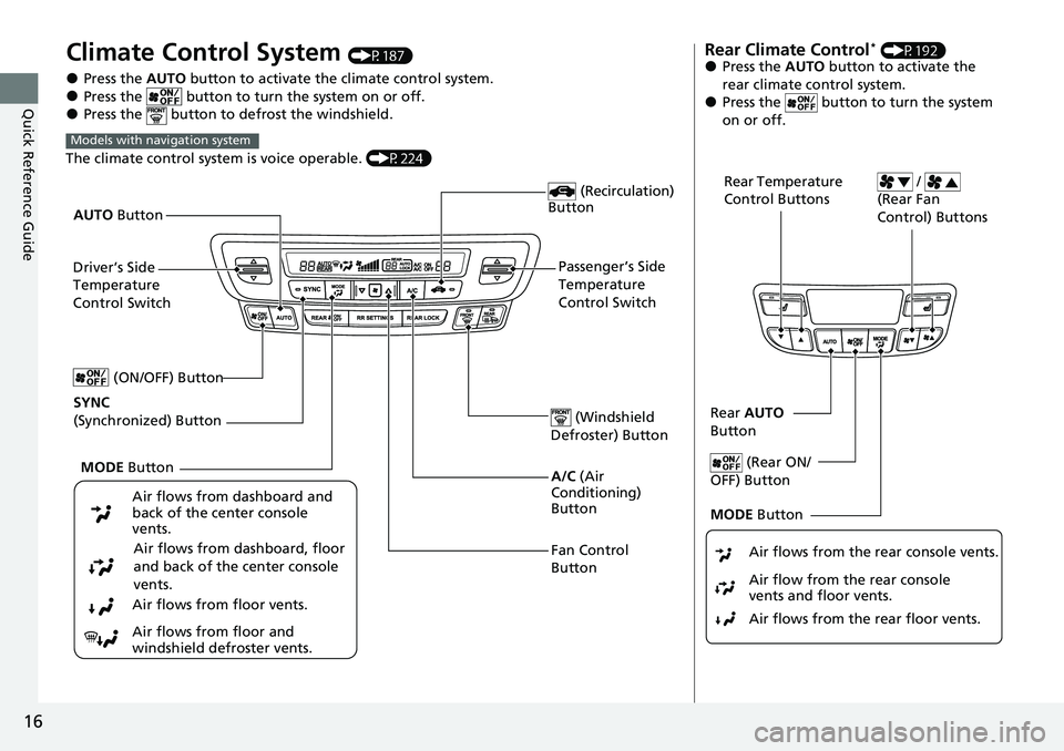 HONDA RIDGELINE 2020 Owners Manual (in English) 16
Quick Reference Guide
Climate Control System (P187)
●Press the AUTO button to activate the climate control system.●Press the button to turn the system on or off.●Press the button to defr HONDA RIDGELINE 2020 Owners Manual (in English) 16
Quick Reference Guide
Climate Control System (P187)
●Press the AUTO button to activate the climate control system.●Press the button to turn the system on or off.●Press the button to defr