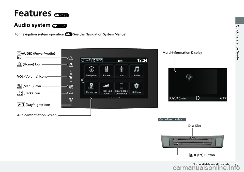 HONDA RIDGELINE 2020   (in English) User Guide 17
Quick Reference Guide
Features (P195)
Audio system (P196)
/AUDIO (Power/Audio) 
Icon
 (Home) Icon
VOL  (Volume) Icons
 (Menu) Icon
 (Back) Icon
 (Day/night) Icon
Audio/Information Screen
Multi-Info