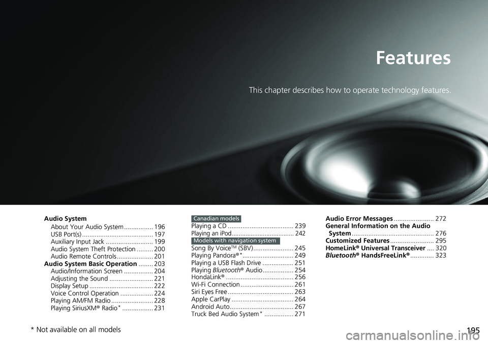 HONDA RIDGELINE 2020  Owners Manual (in English) 195
Features
This chapter describes how to operate technology features.
Audio SystemAbout Your Audio System ................ 196
USB Port(s) ....................................... 197
Auxiliary Input