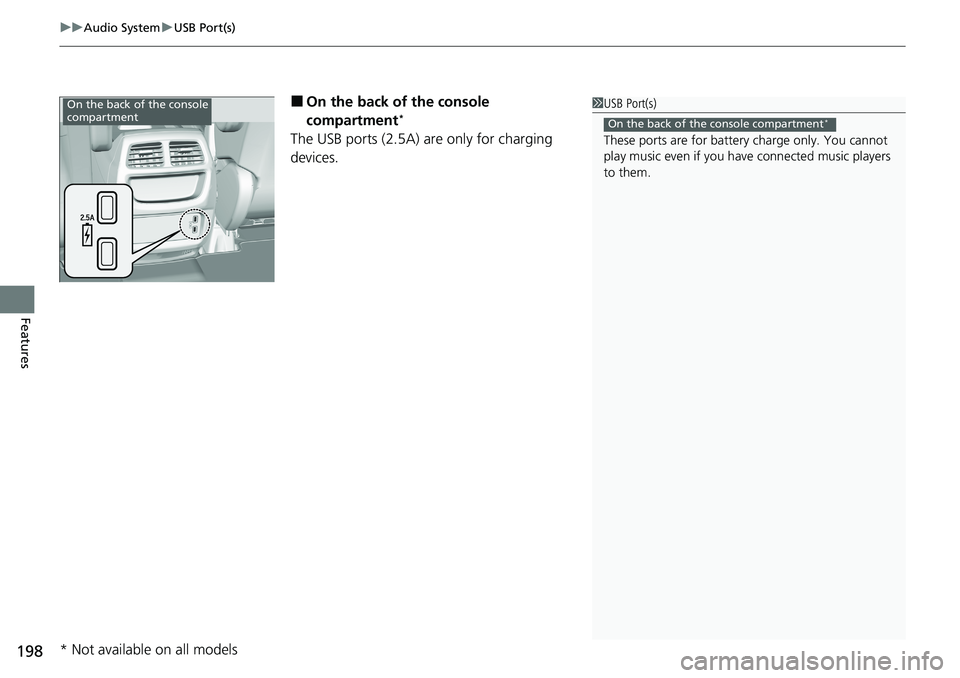 HONDA RIDGELINE 2020  Owners Manual (in English) uuAudio System uUSB Port(s)
198
Features
■On the back of the console 
compartment*
The USB ports (2.5A) are only for charging 
devices.
1USB Port(s)
These ports are for battery  charge only. You can