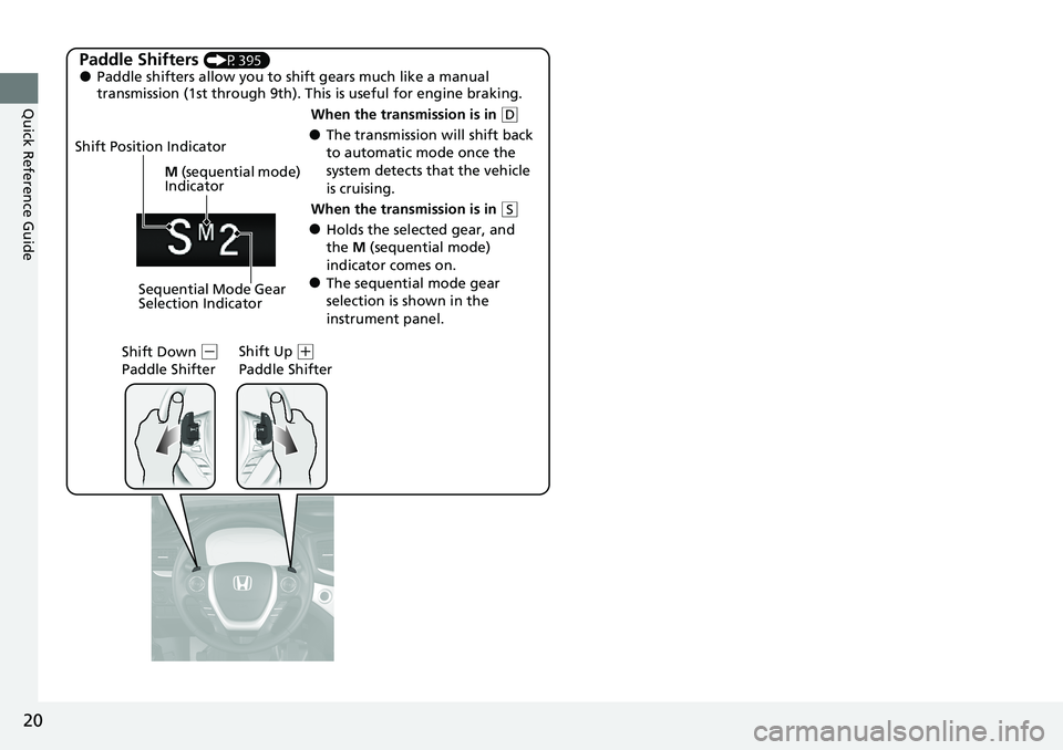 HONDA RIDGELINE 2020 (in English) Owners Guide 20
Quick Reference Guide
Paddle Shifters (P395)●Paddle shifters allow you to shift gears much like a manual
transmission (1st through 9th). This is useful for engine braking.
●The transmission wi HONDA RIDGELINE 2020 (in English) Owners Guide 20
Quick Reference Guide
Paddle Shifters (P395)●Paddle shifters allow you to shift gears much like a manual
transmission (1st through 9th). This is useful for engine braking.
●The transmission wi