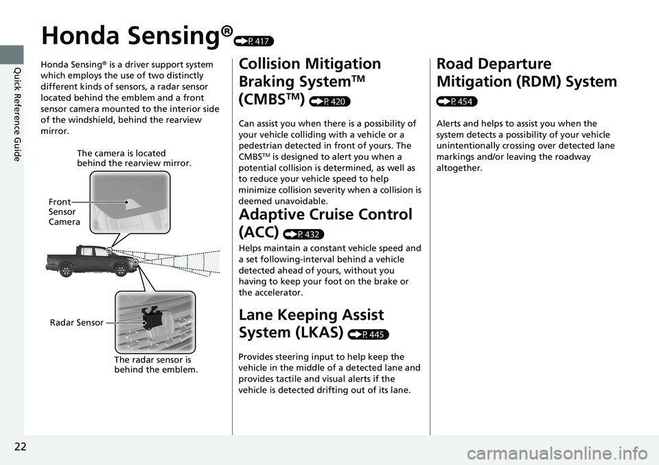 HONDA RIDGELINE 2020   (in English) Owners Guide 22
Quick Reference Guide
Honda Sensing®(P417)
Honda Sensing ® is a driver support system 
which employs the use of two distinctly 
different kinds of sensors, a radar sensor 
located behind the embl