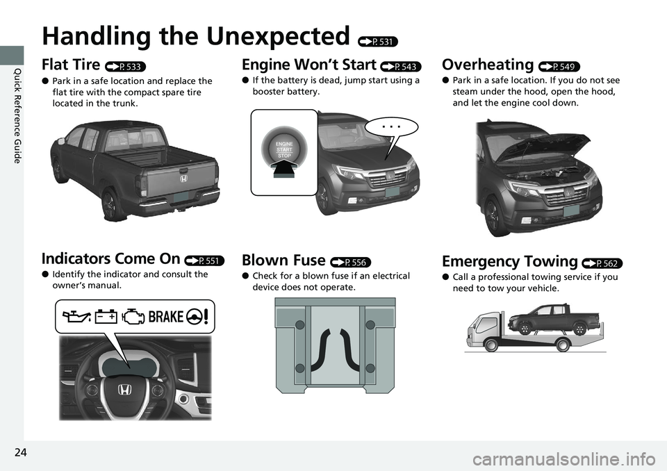 HONDA RIDGELINE 2020  Owners Manual (in English) 24
Quick Reference Guide
Handling the Unexpected (P531)
Flat Tire (P533)
●Park in a safe location and replace the 
flat tire with the compact spare tire 
located in the trunk.
Indicators Come On (P5